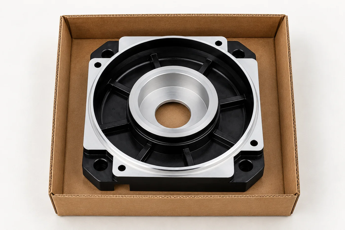 Black end-cover reference protected in an open plain cardboard tray