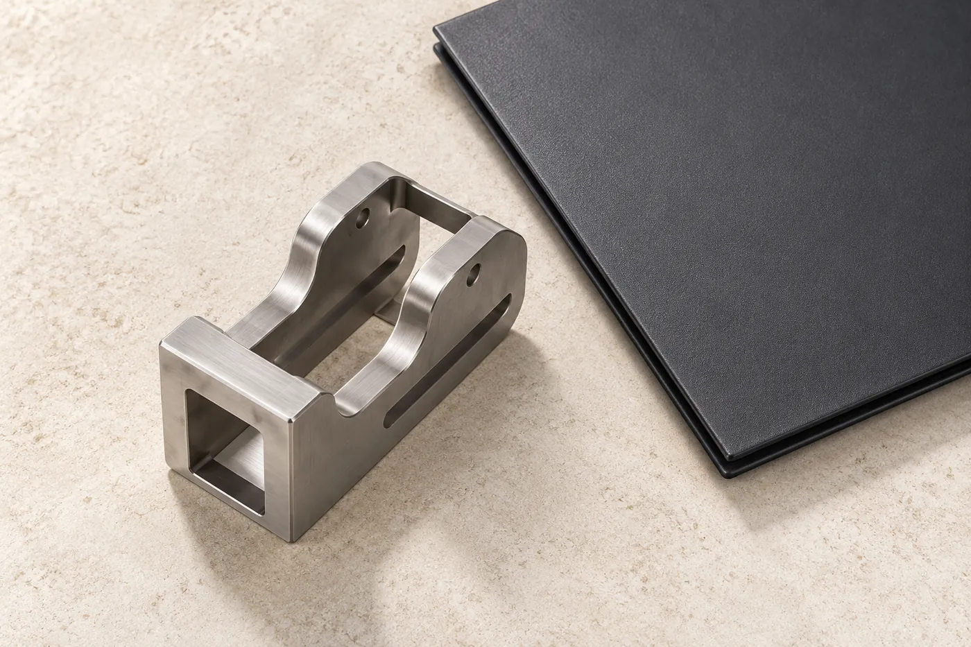 Stainless bracket beside a plain closed technical folder on a sample-review table