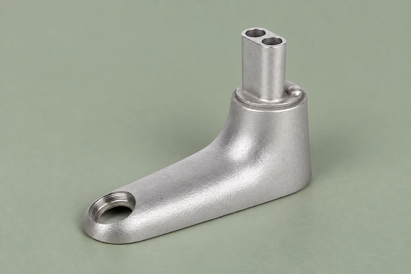 Stainless lever-like component reference with an angled body and mounting opening