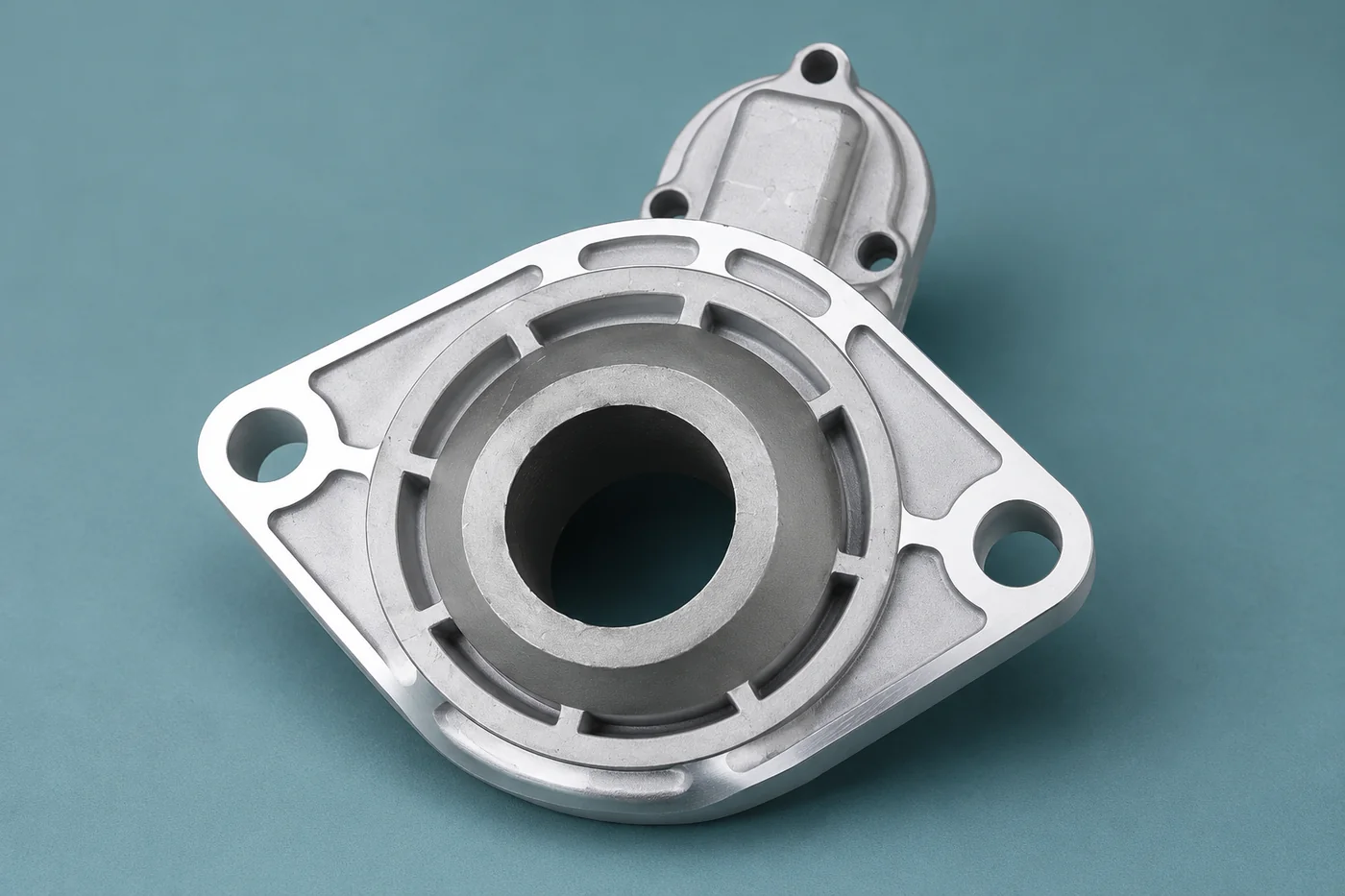 Bare-metal triangular motor end-cover reference with a central circular bore