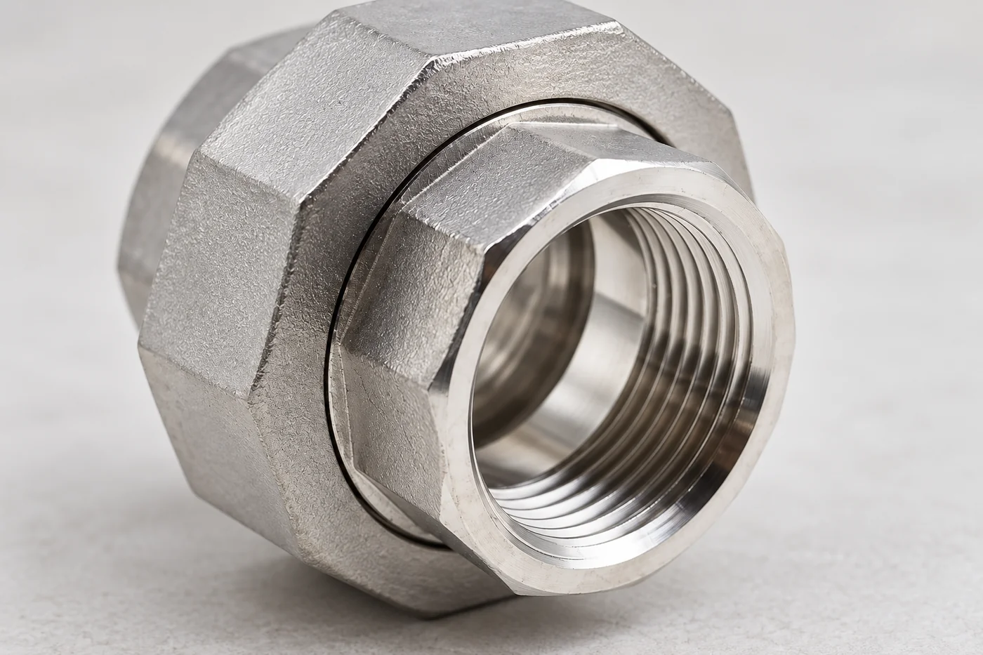 Close view of the female thread and machined face of a stainless union