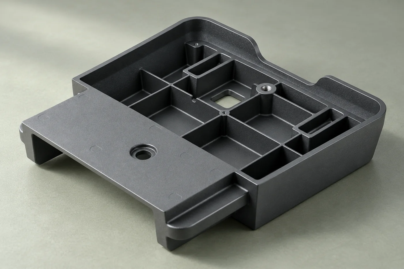 Internal ribs and mounting bosses inside a dark rectangular enclosure tray