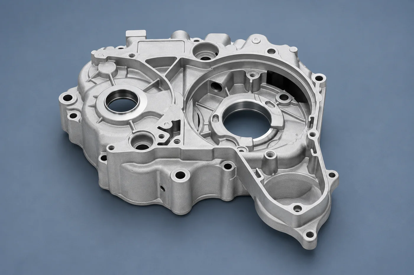 Ribbed aluminum housing with circular bores and perimeter mounting holes