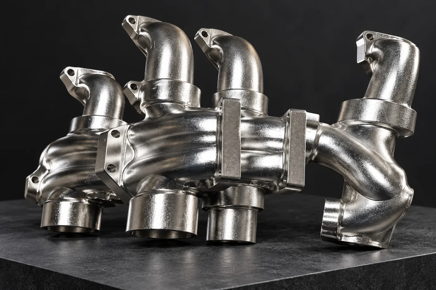 Cast multi-branch pipe-form reference with curved passages and connection ends