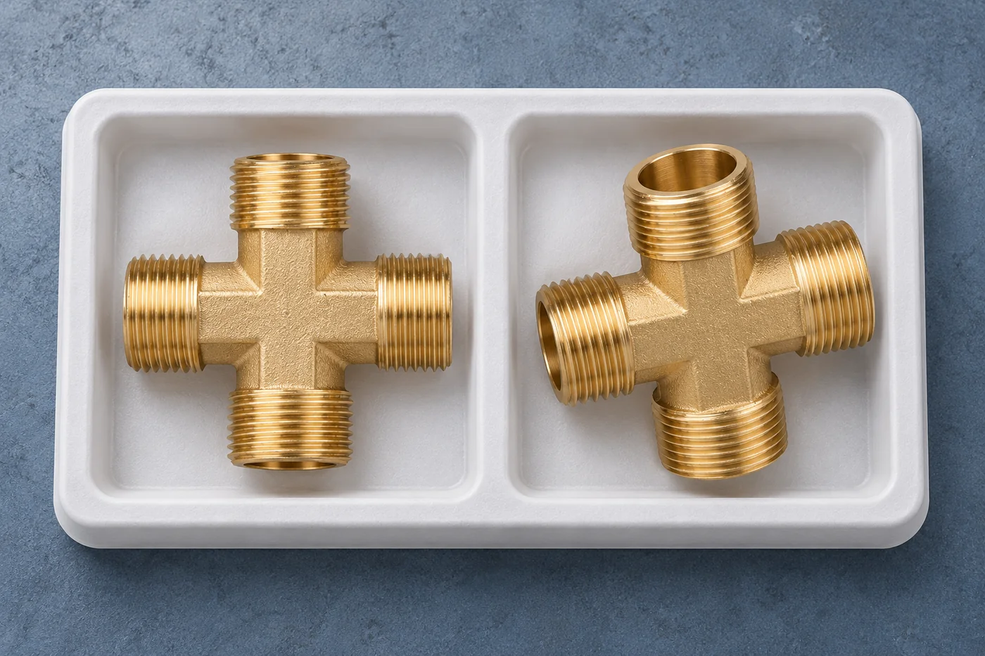 Two four-way brass fittings separated in a plain protective tray