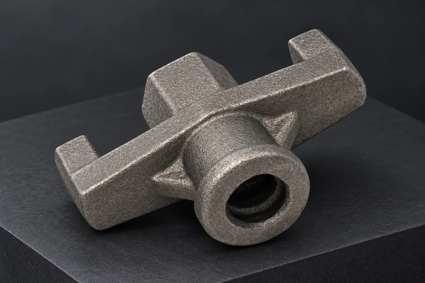 Complex cast-metal reference with a central bore and intersecting arms