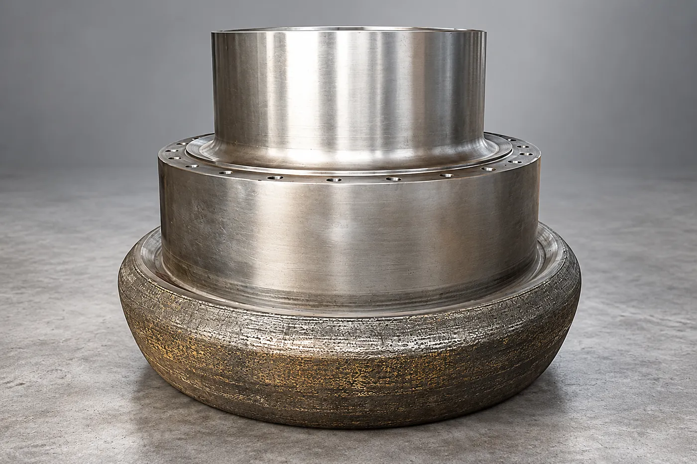 Grinding-roller assembly reference with a broad dark outer wear ring