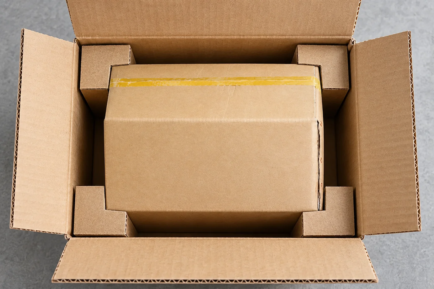 Plain material box protected inside an unprinted outer carton