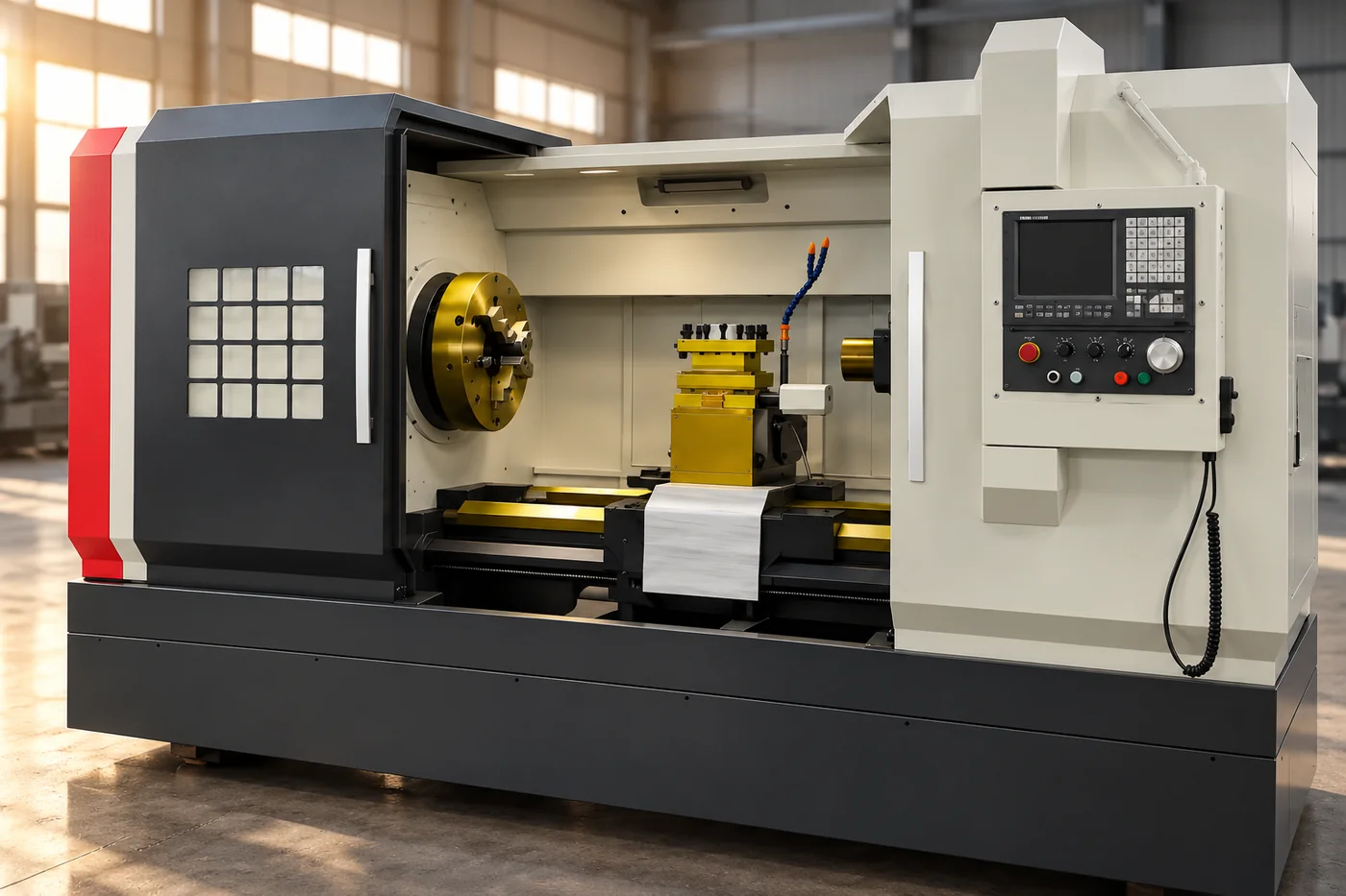 Oblique view of the actual lathe control and adjacent enclosure