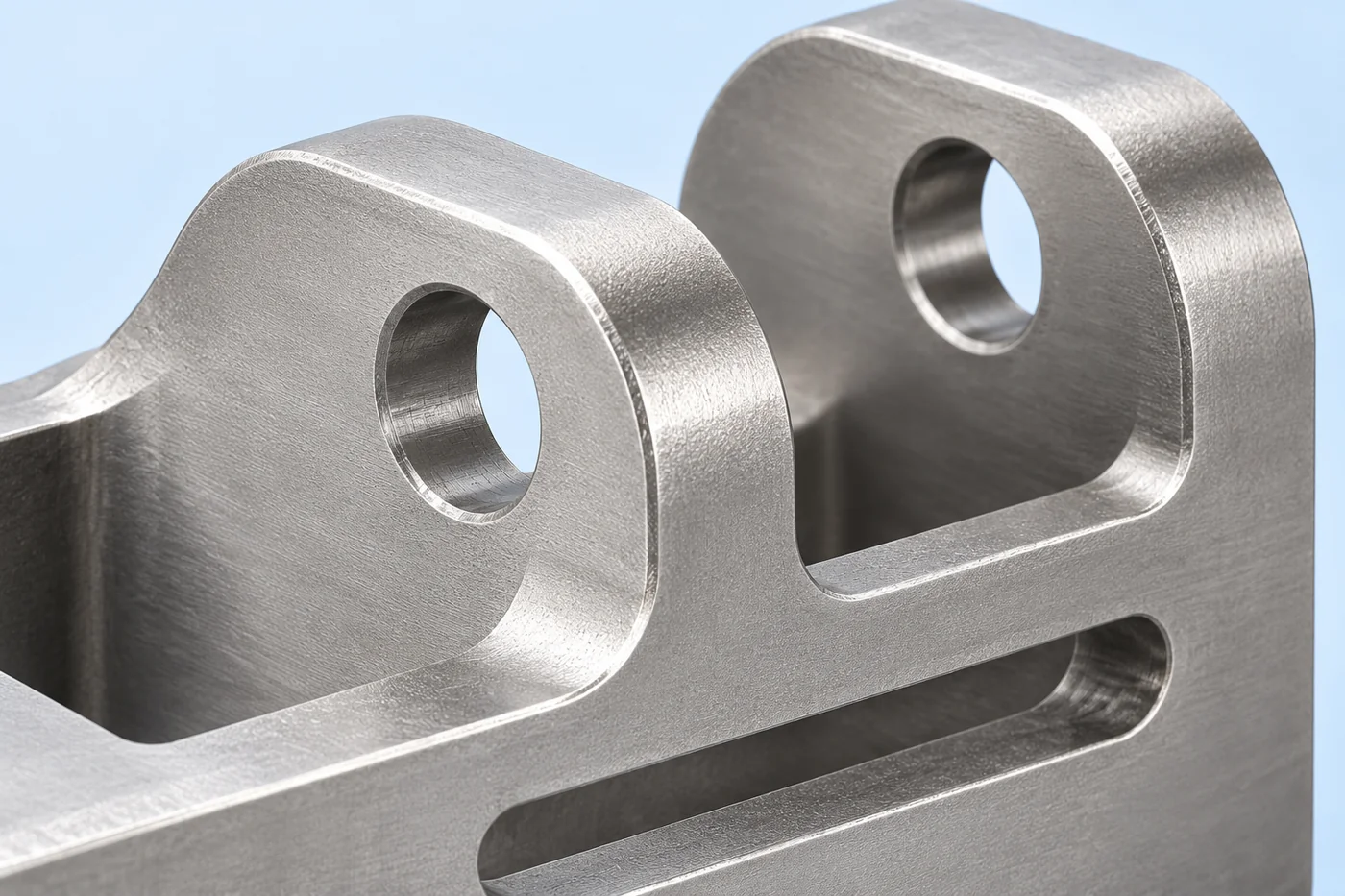Close view of mounting openings in a stainless clevis-style bracket