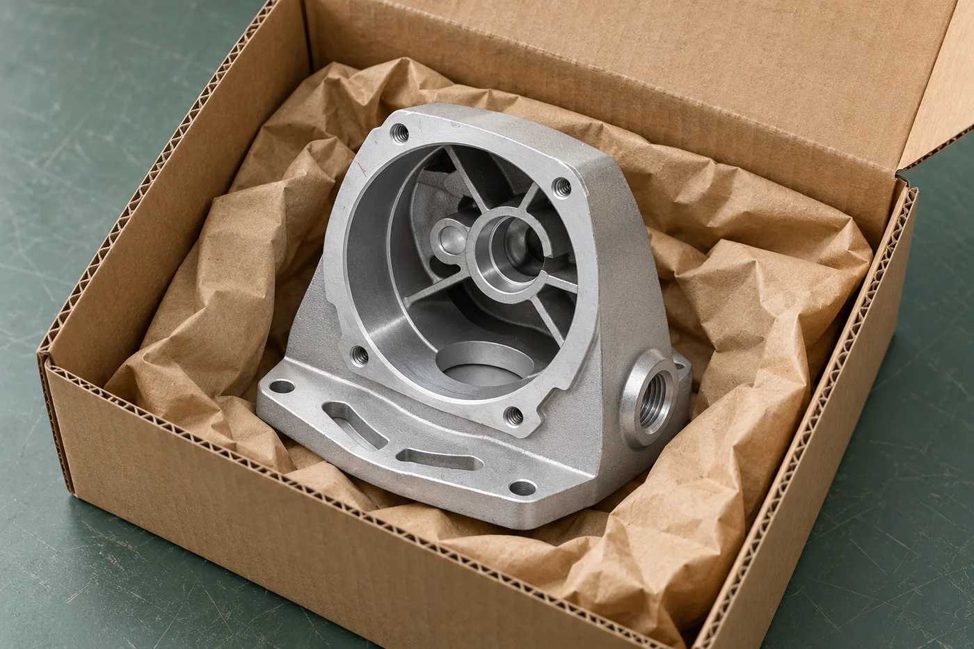 Open flanged housing protected face-up in plain corrugated packing
