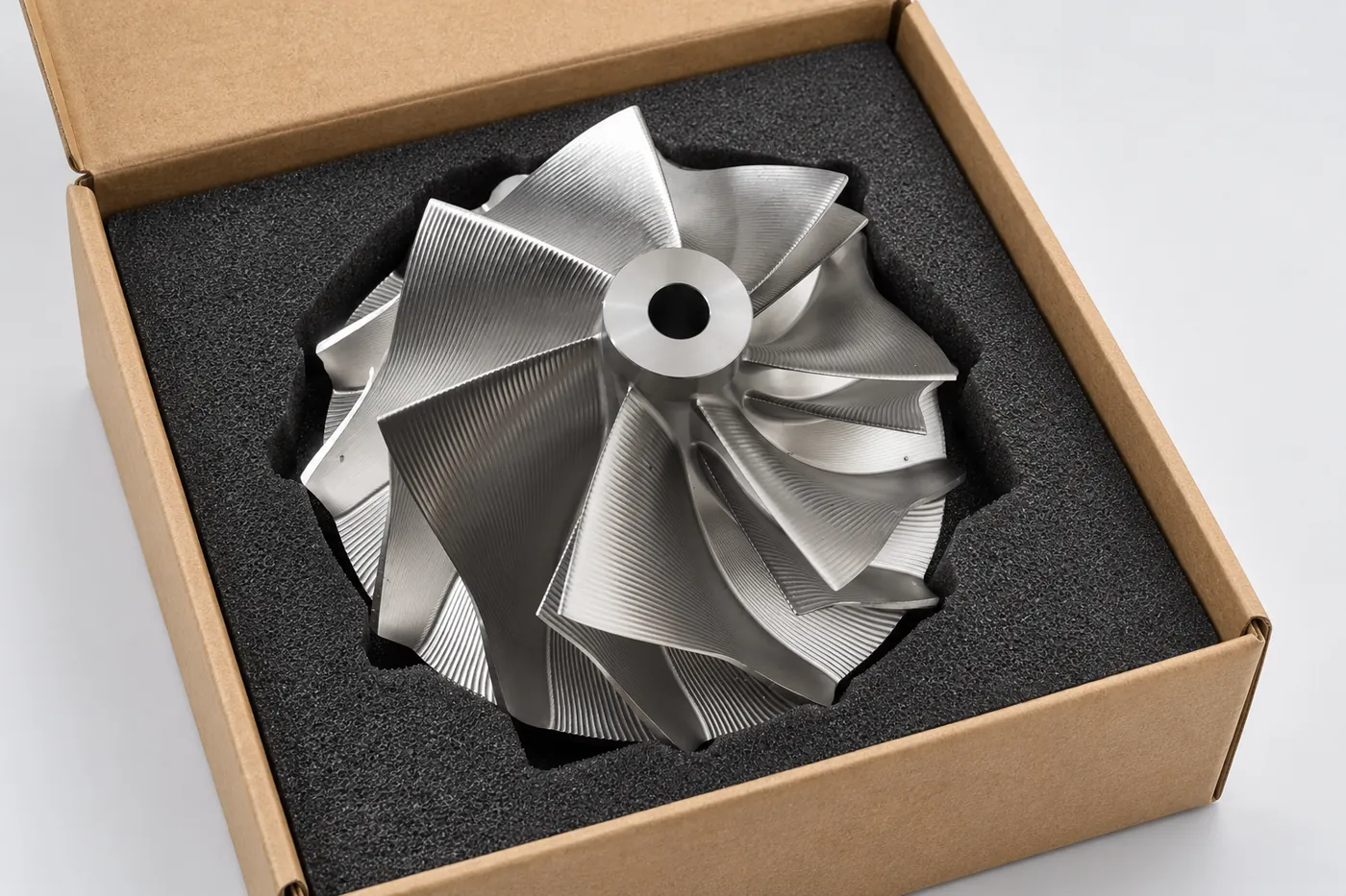 Industrial impeller protected in a shaped foam sample box