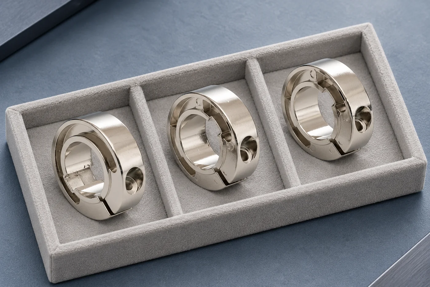 Ring-shape references separated in a plain jewelry sample tray