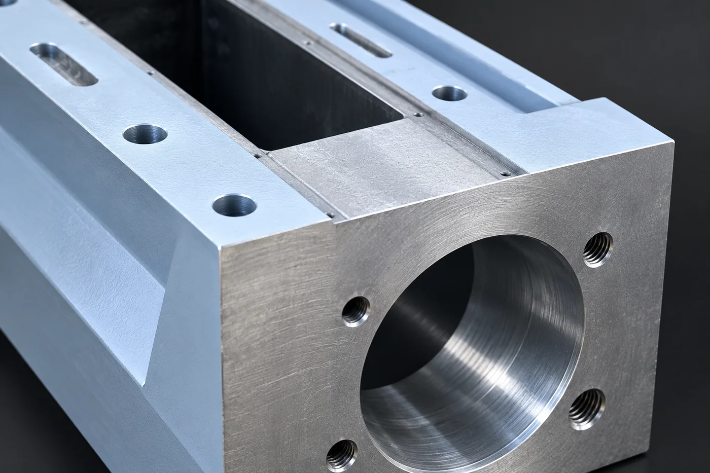 Close detail of a circular housing bore and adjoining mounting face