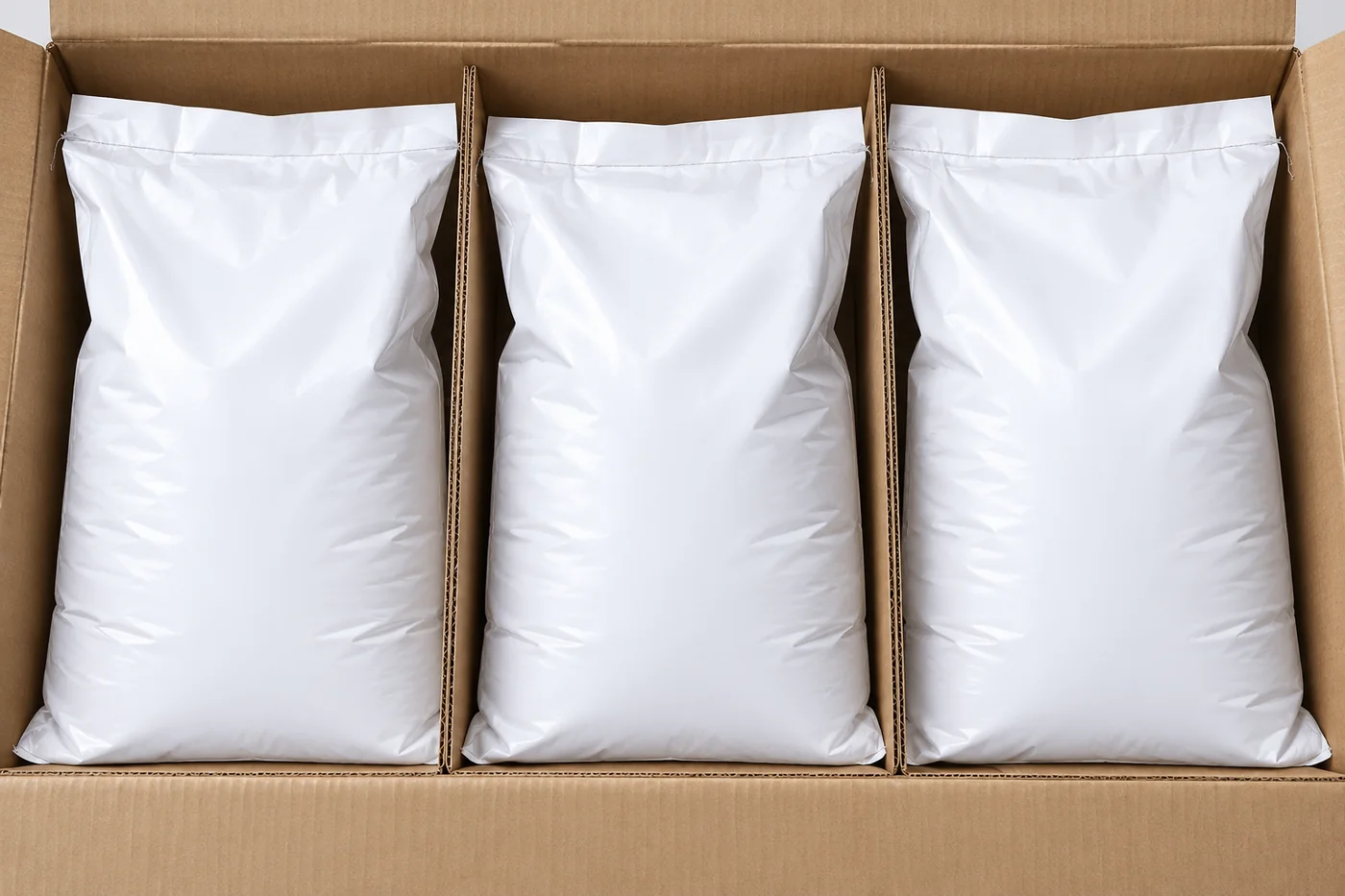 Plain investment-material bags protected by unprinted carton dividers