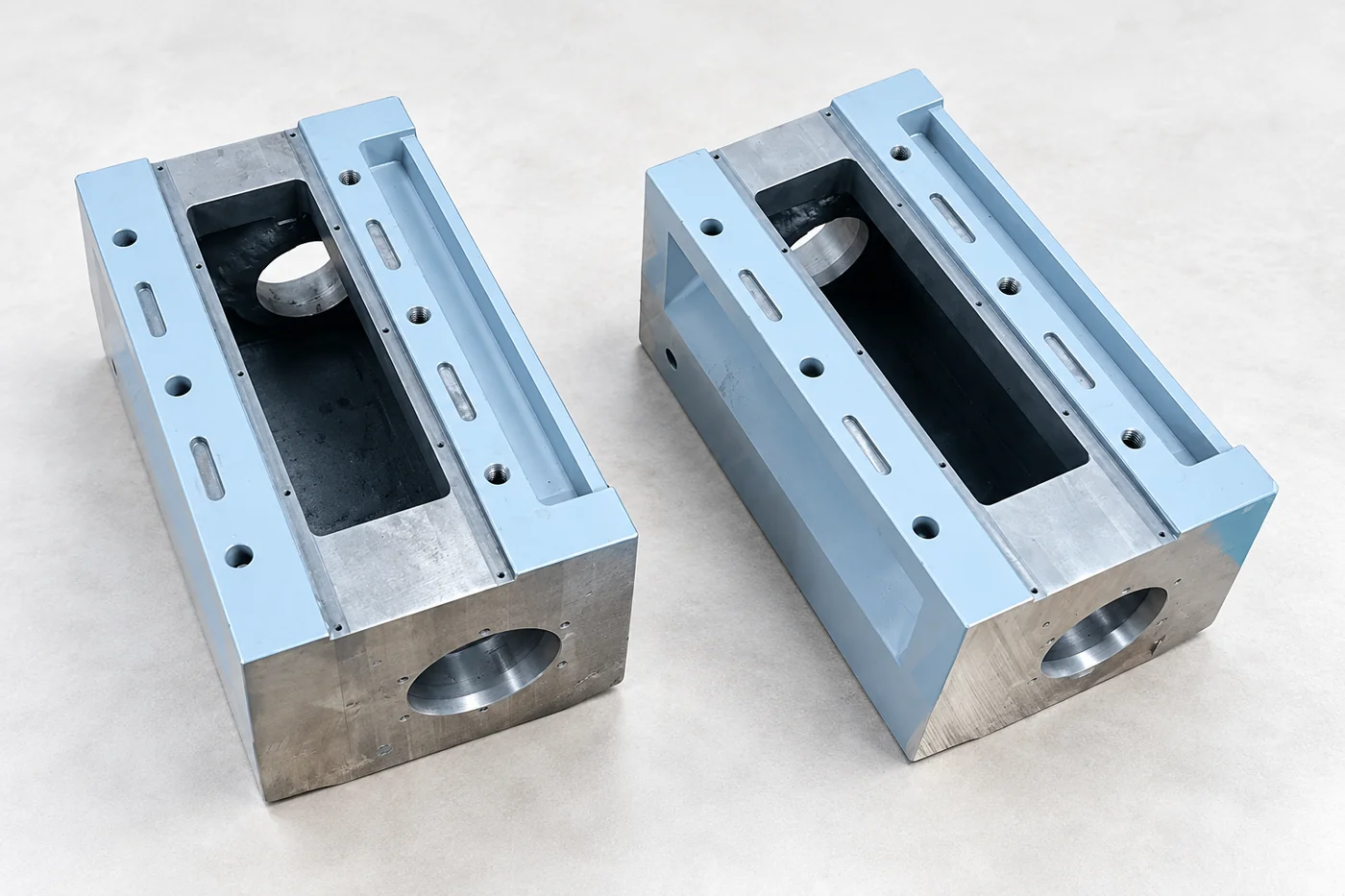 Two elongated machined housing references with open cavities and end bores