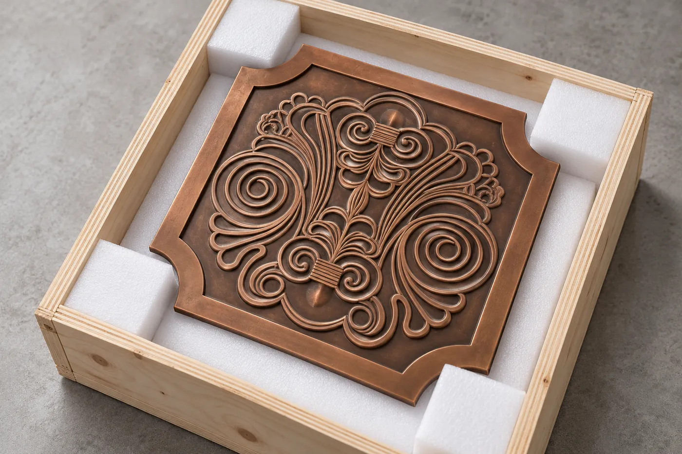 Bronze relief plaque protected face-up inside timber packing