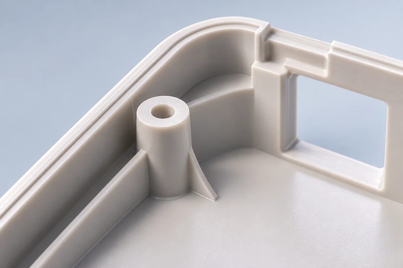 Close detail of a plastic enclosure wall and mounting boss