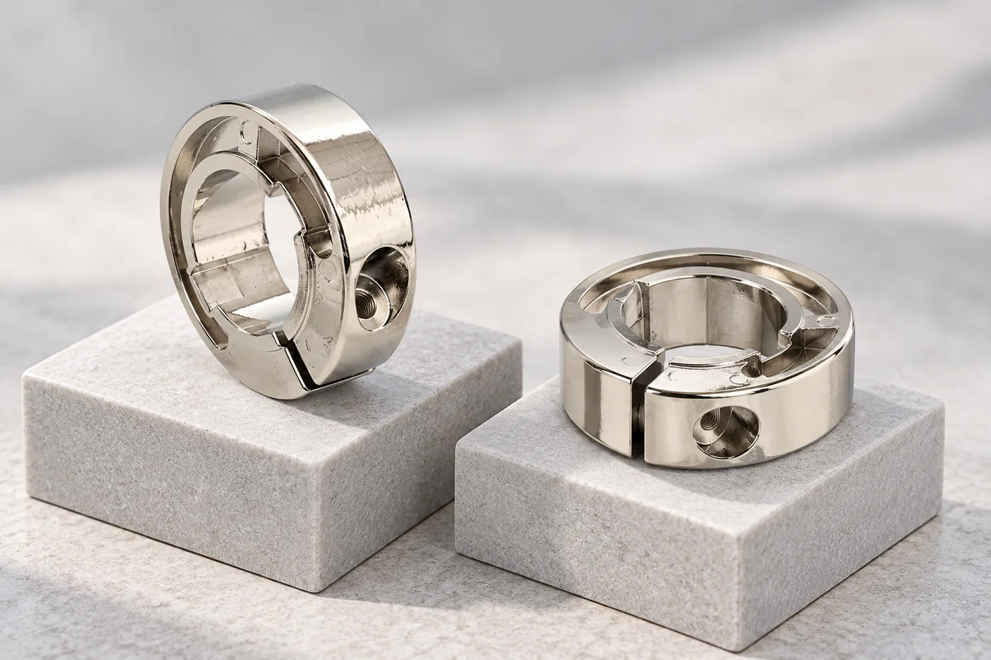 Separate finished ring-shape references on small neutral display blocks