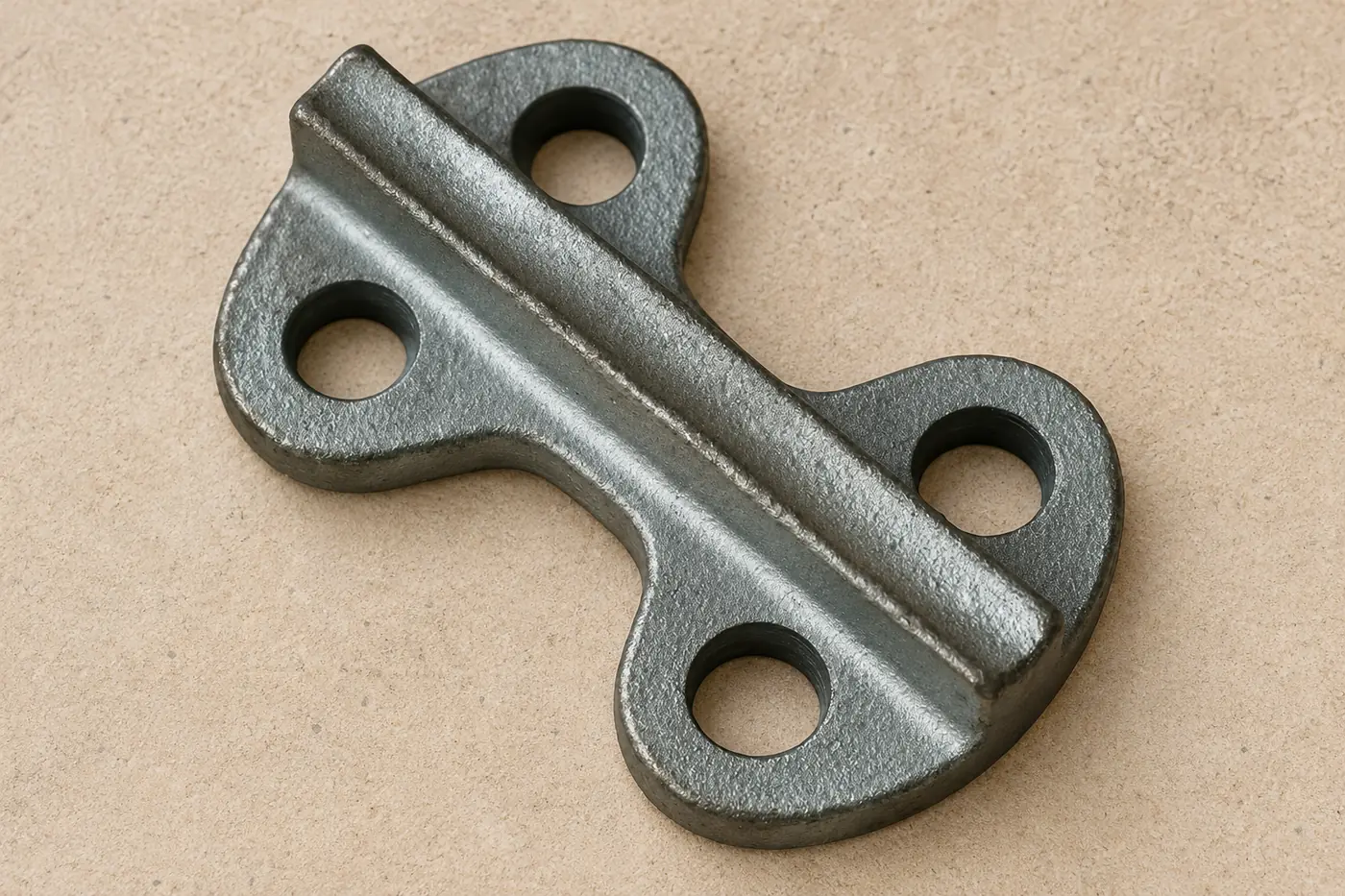 Four-hole cast connecting plate with rounded ends and a central rib