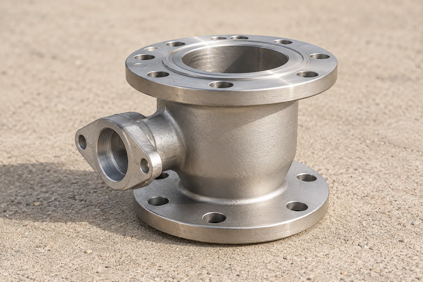 Stainless flanged valve-body reference with its branch connections visible