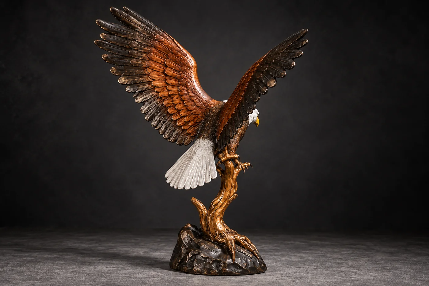 Rear three-quarter view of the bronze eagle sculpture