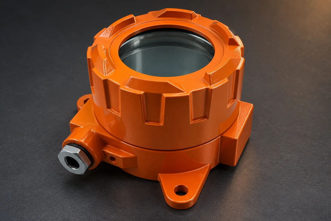 Orange instrument enclosure showing its circular window and mounting ears