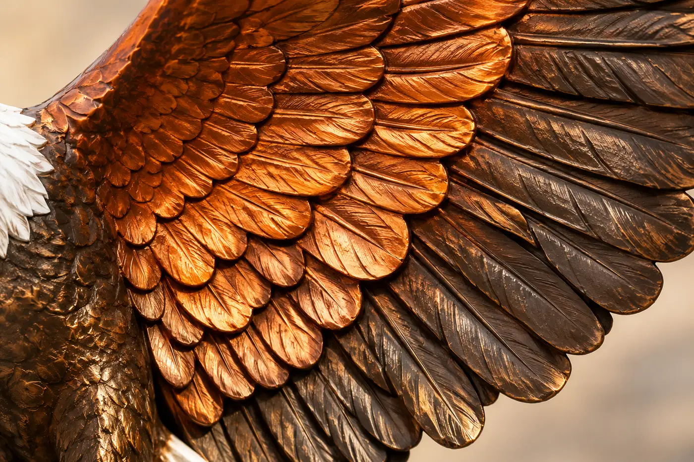 Close view of bronze eagle feather relief and patina
