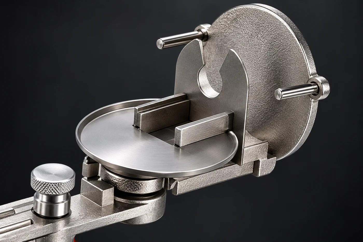 Close detail of a centrifugal-apparatus crucible support and clamp
