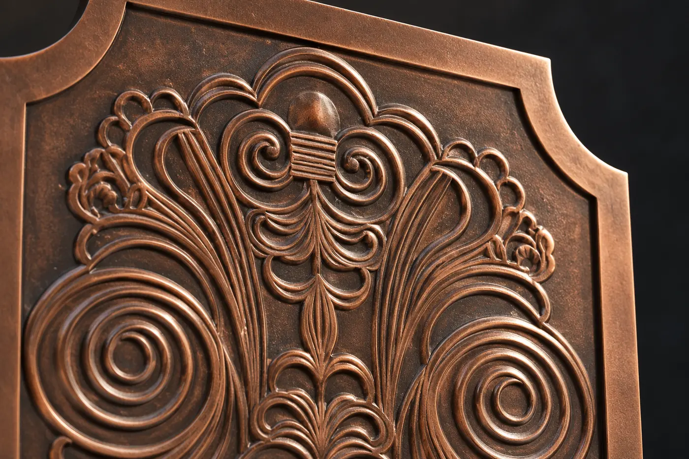 Close detail of raised bronze relief ornament and patina