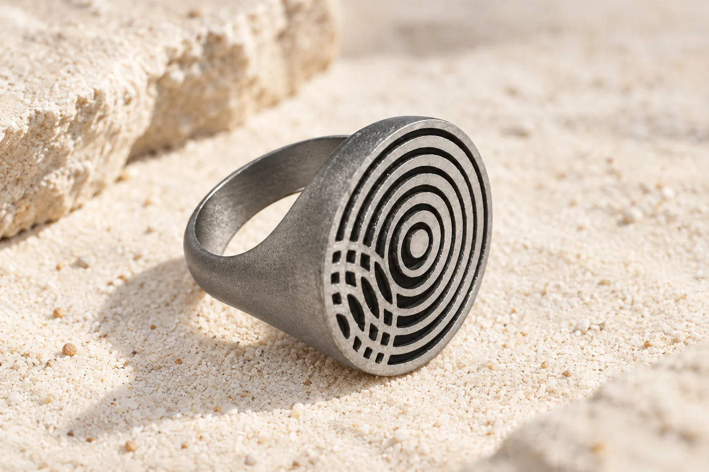 Metal functional-prototype ring reference with a geometric surface pattern