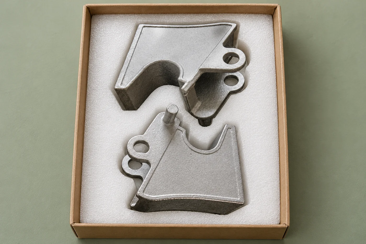 Stainless hinge-leaf references separated in plain protective foam