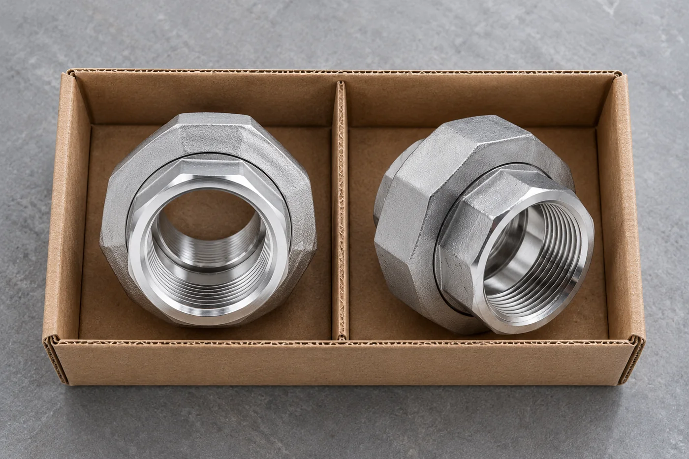 Two stainless union fittings separated in a plain protective tray