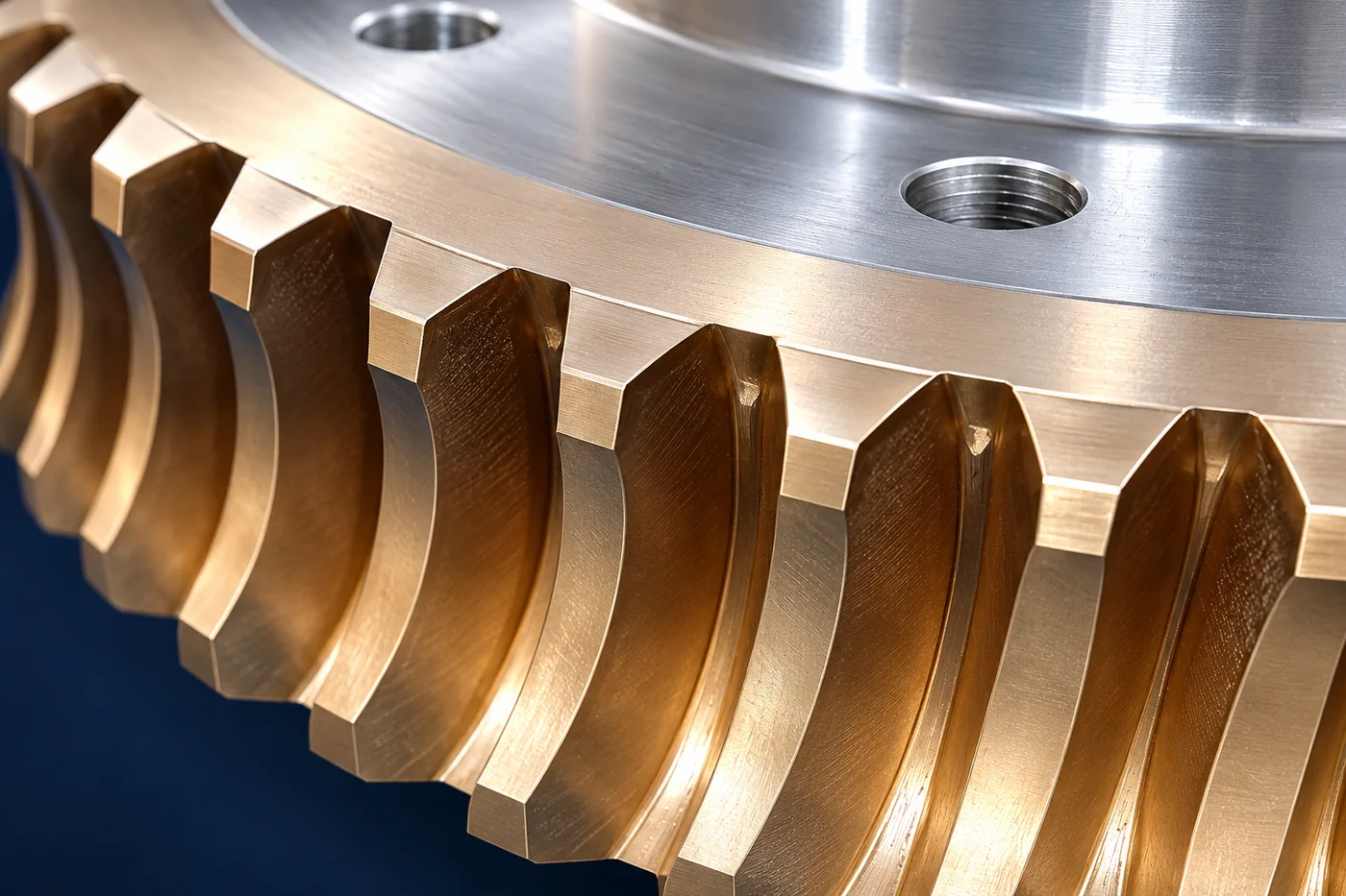 Close detail of bronze gear teeth and their connection to the wheel body