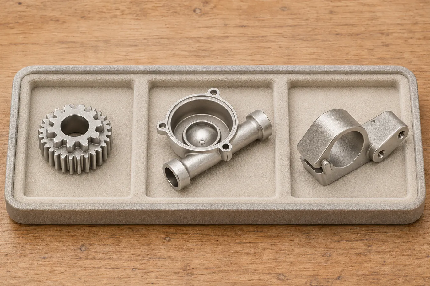 Stainless hardware references separated in a plain padded tray