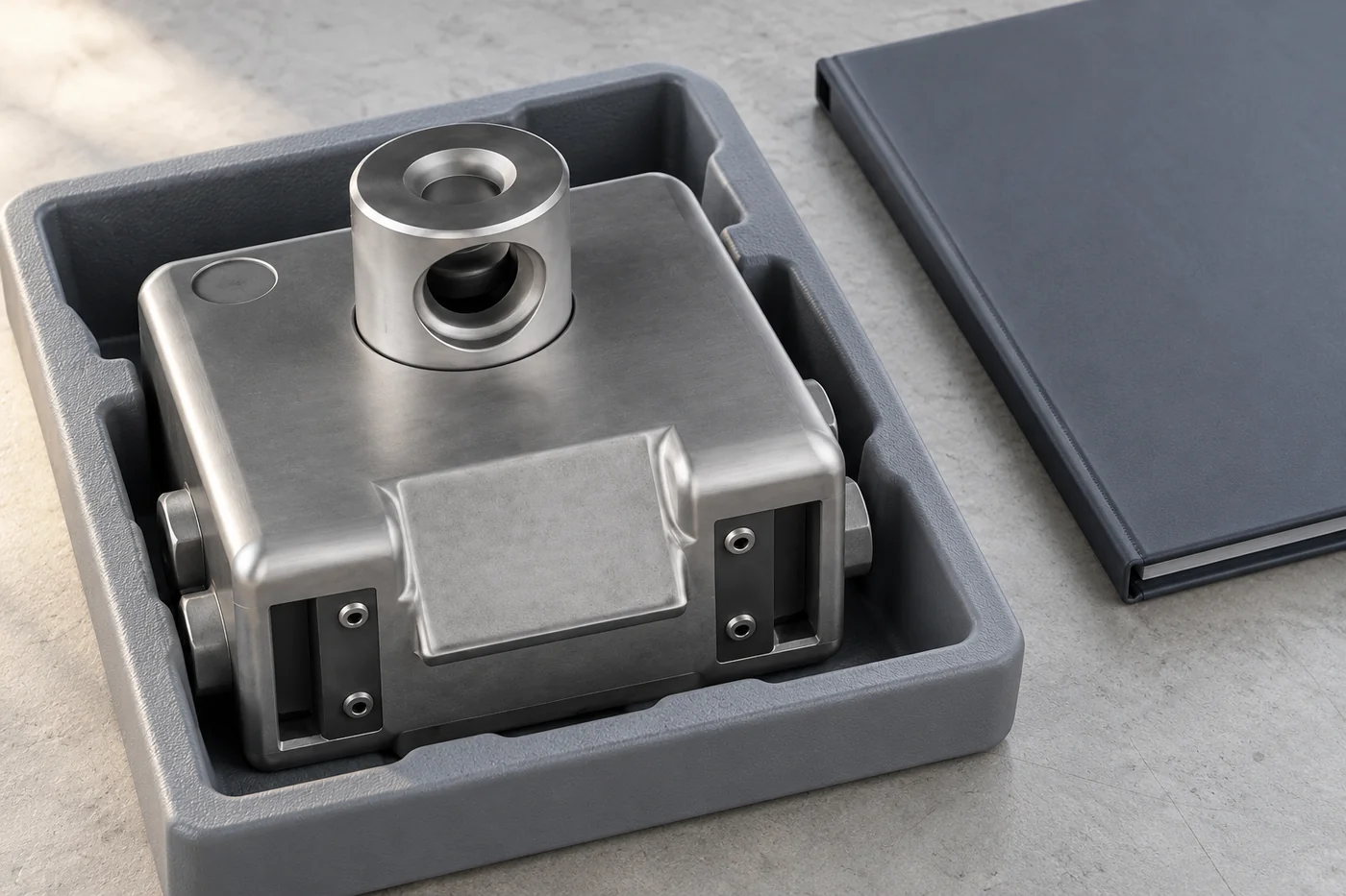 Hydraulic-body reference in a plain sample tray beside a closed technical folder