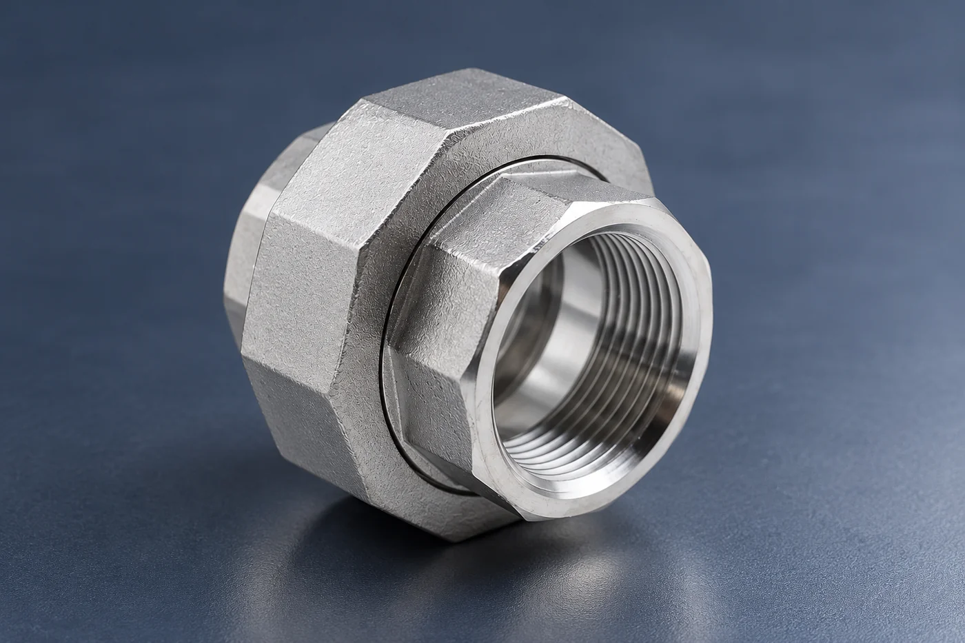 Stainless threaded union fitting with a hexagonal nut and visible female thread