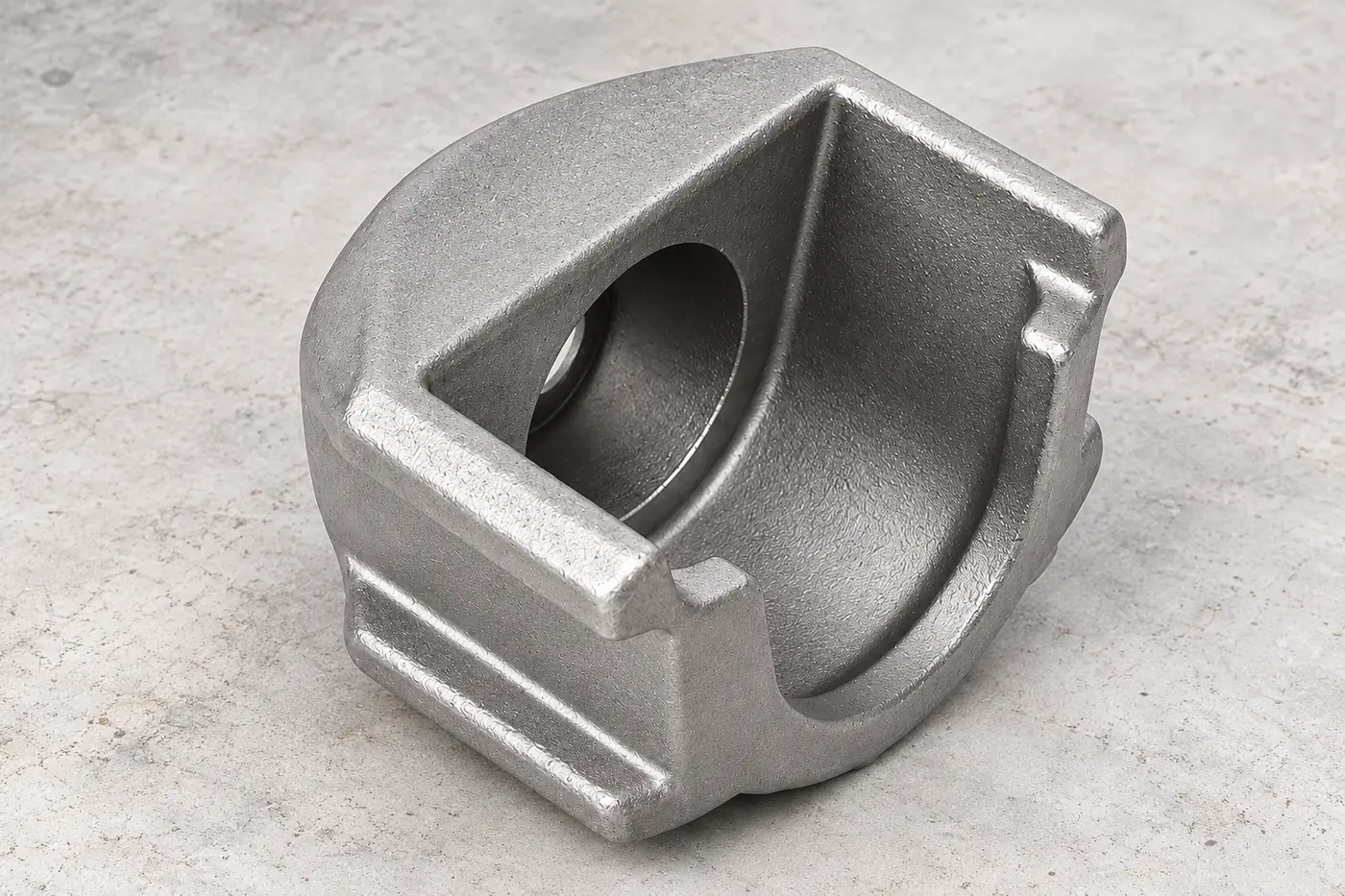 Open metal housing reference with a circular bore and surrounding cast body