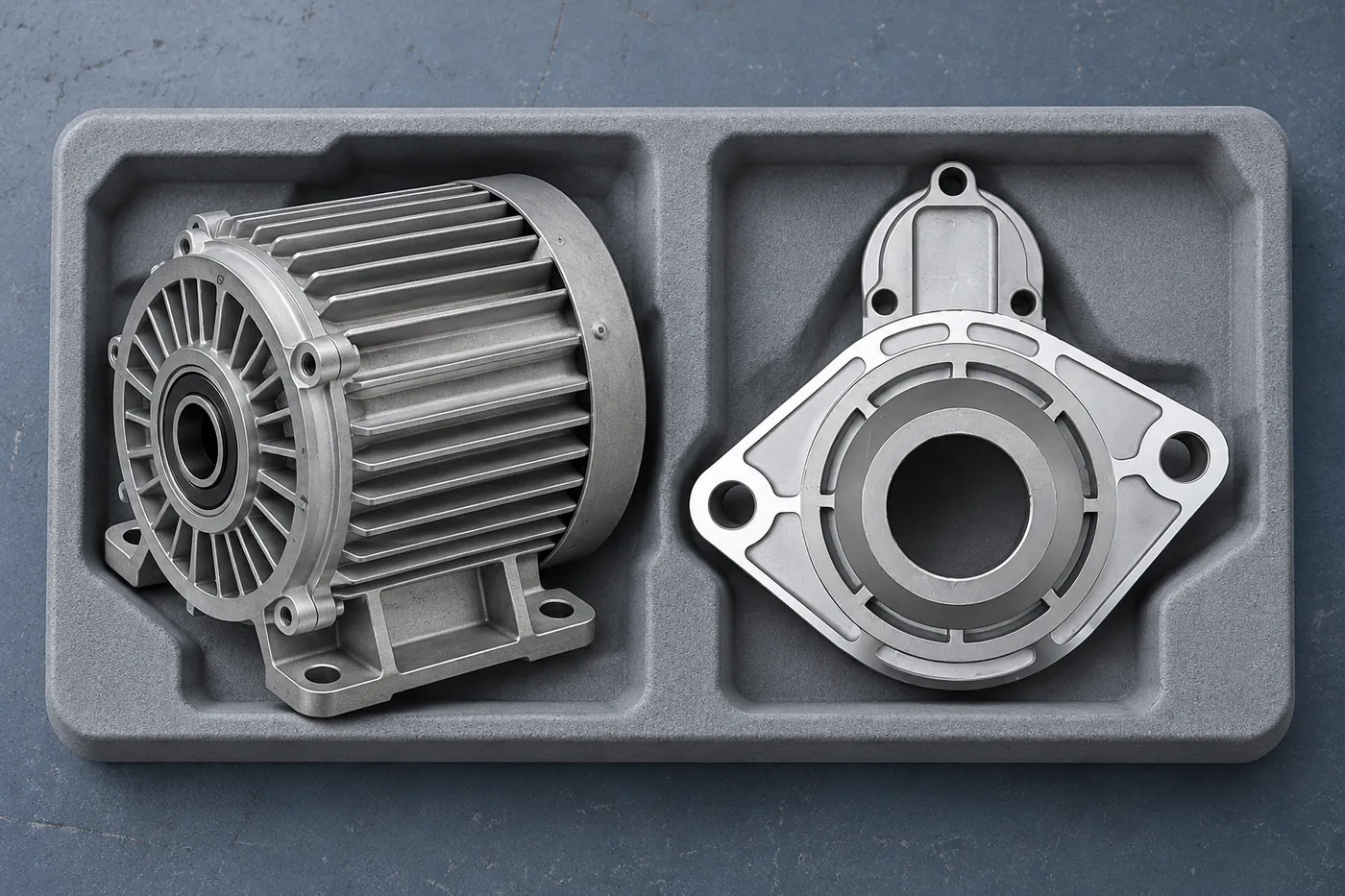 Motor-frame and triangular end-cover references separated in a plain sample tray