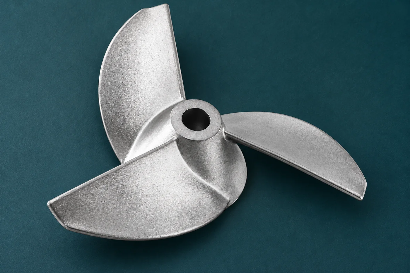 Three-blade stainless impeller showing the hub and blade-root transitions