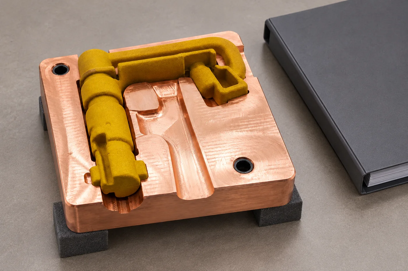 Mould block on plain supports beside a closed technical folder