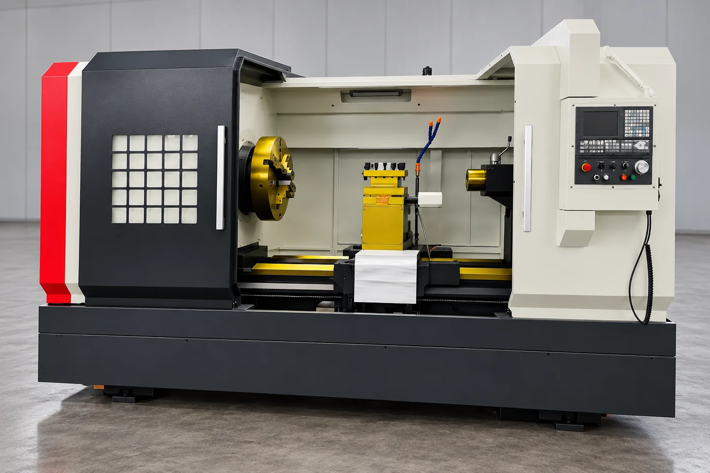 Horizontal CNC lathe reference with its actual enclosure and control arrangement