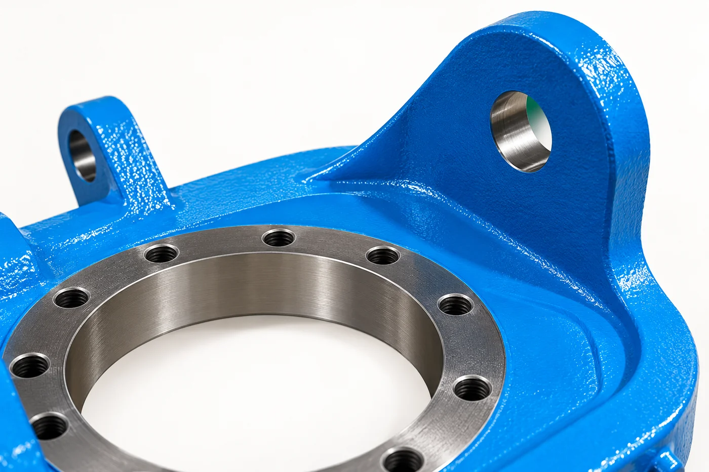 Close view of a blue cast mounting lug joining a circular frame