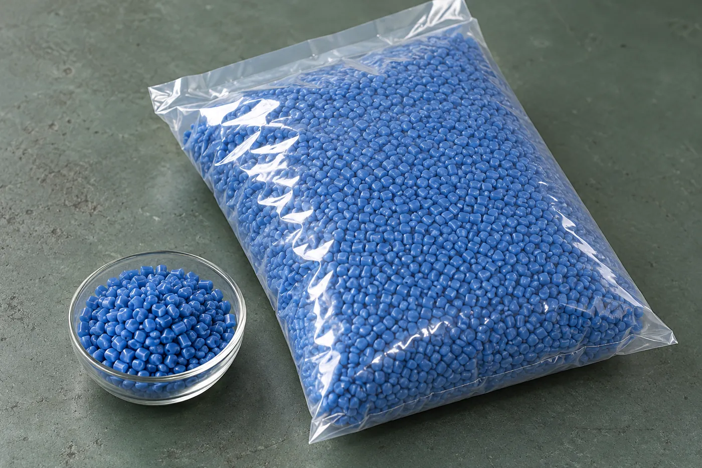 Plain sealed pouch of blue injection-wax granules with a small sample cup