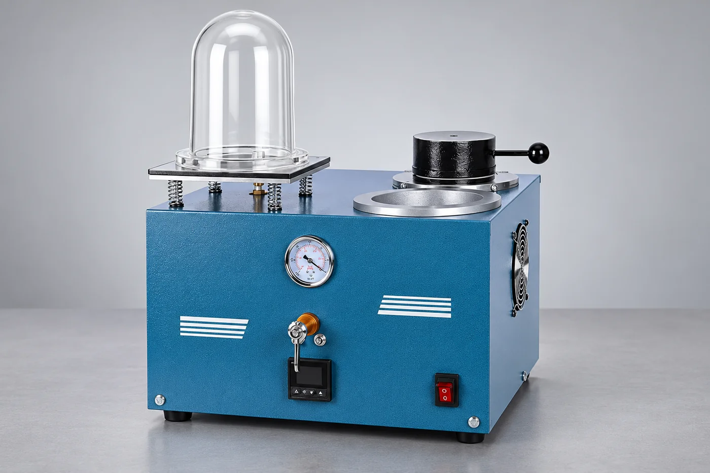 Blue combined jewelry-machine reference with a clear bell jar and front controls