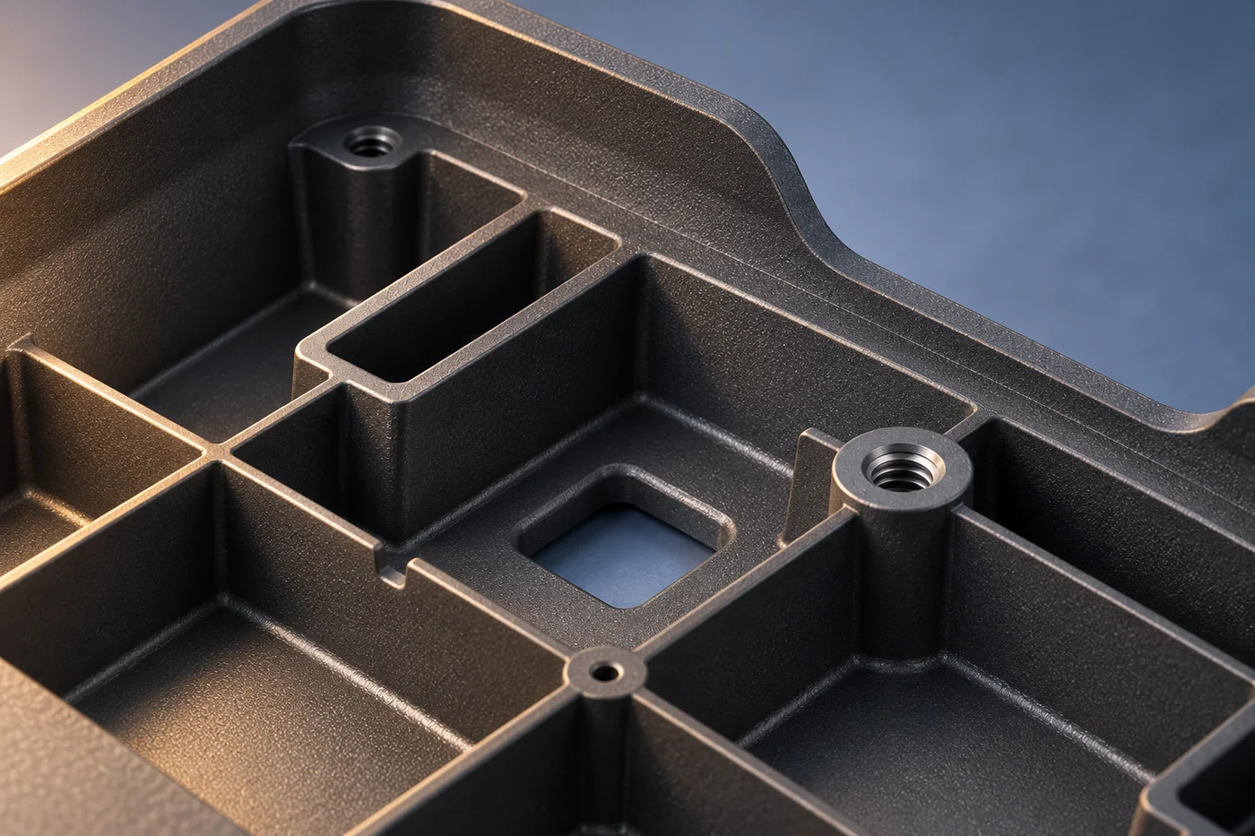 Close detail of intersecting ribs and a mounting boss inside a dark enclosure