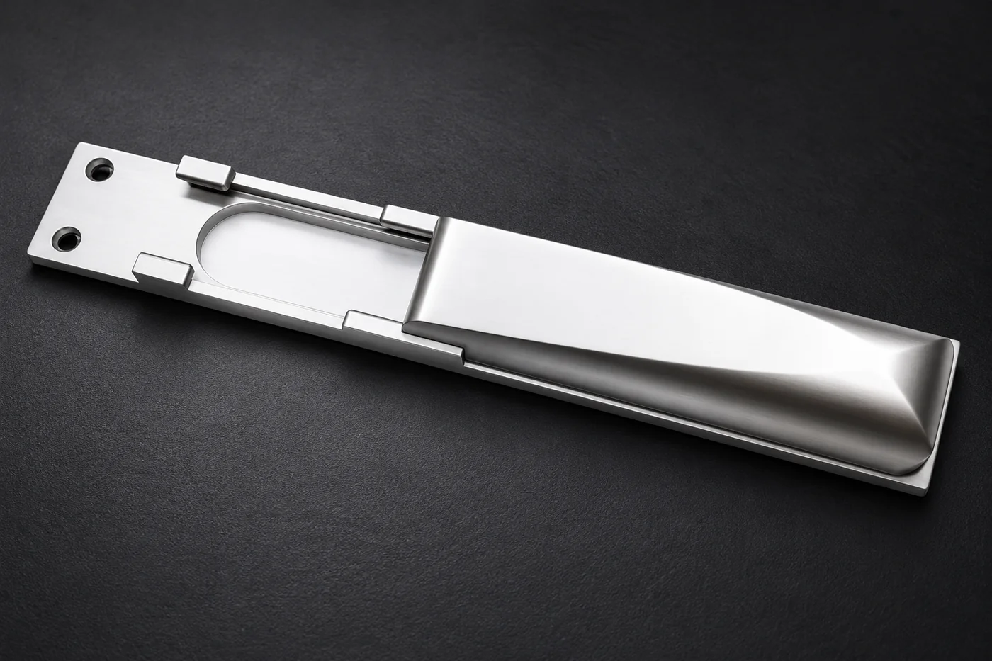 Long decorative lock-panel and handle reference with a polished finish