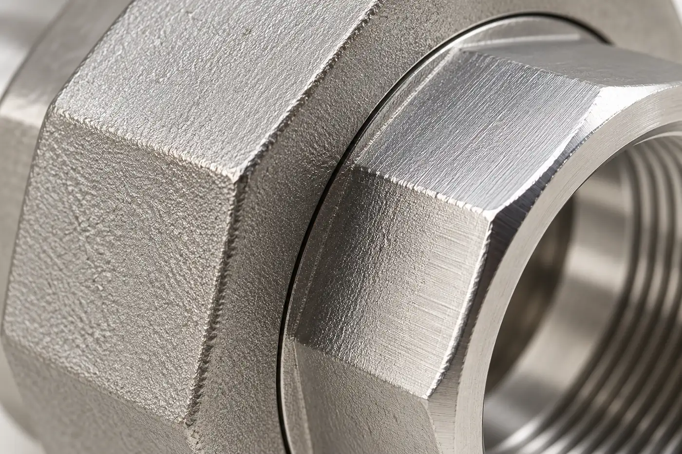 Close side detail of a stainless union nut, body texture and joint line