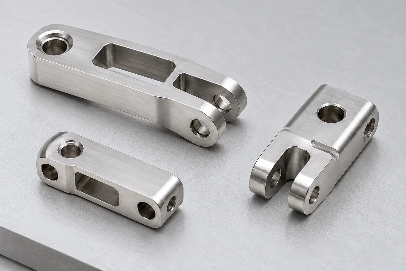 Several small stainless finger links with pivot openings and slots