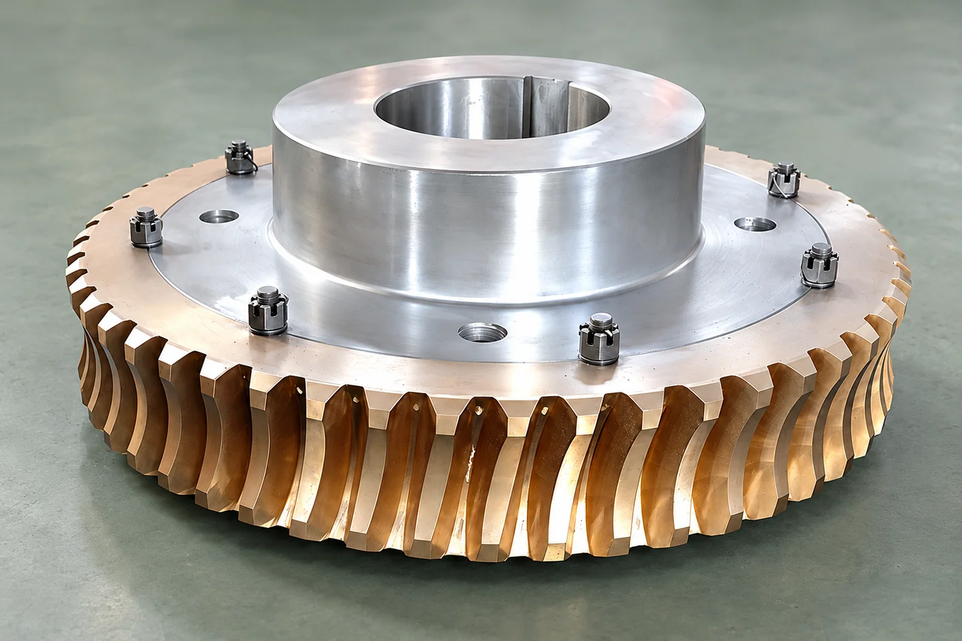 Complete bronze gear wheel with a silver hub on a neutral surface